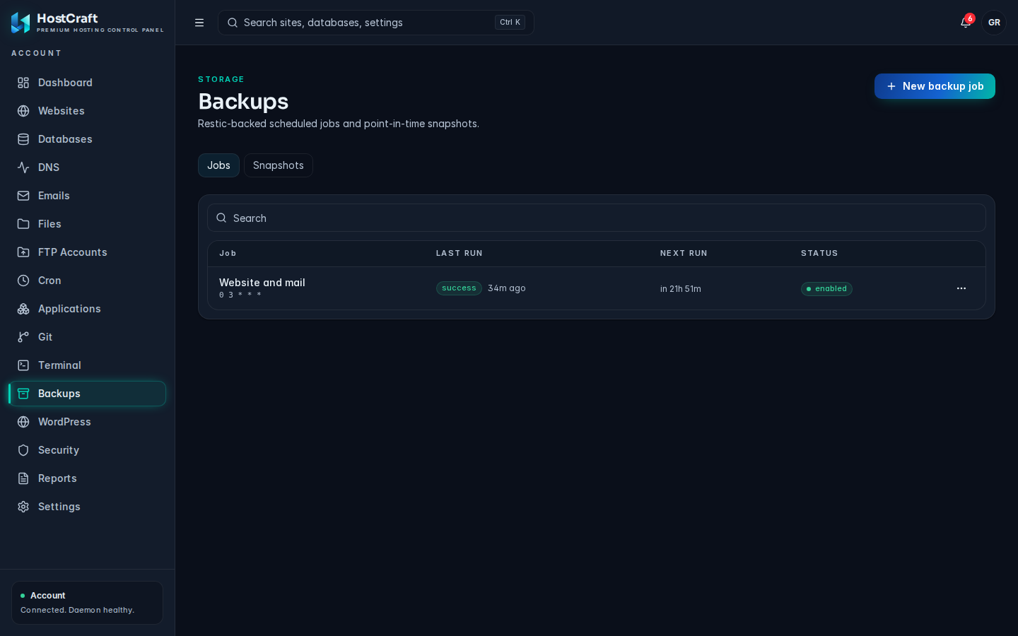 HostCraft backups view for an account