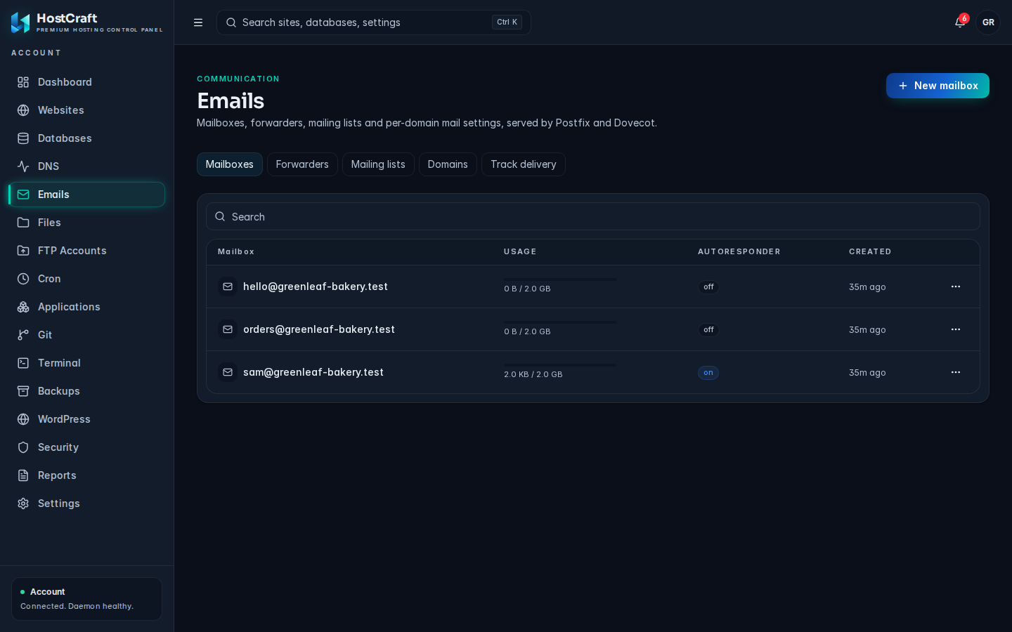 HostCraft mailboxes view for an account