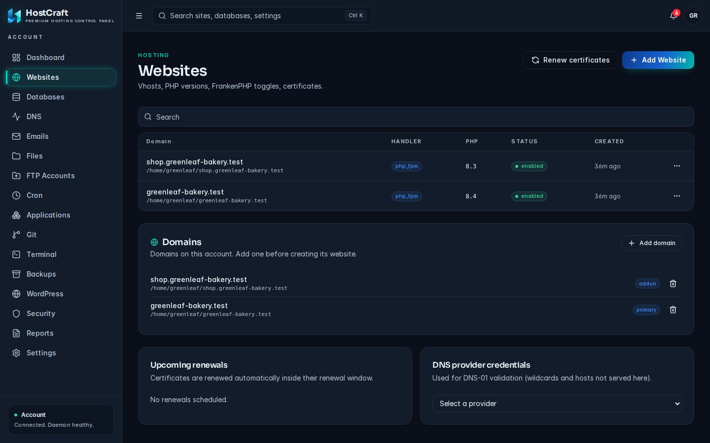 HostCraft websites list for an account with domains, PHP versions and SSL status