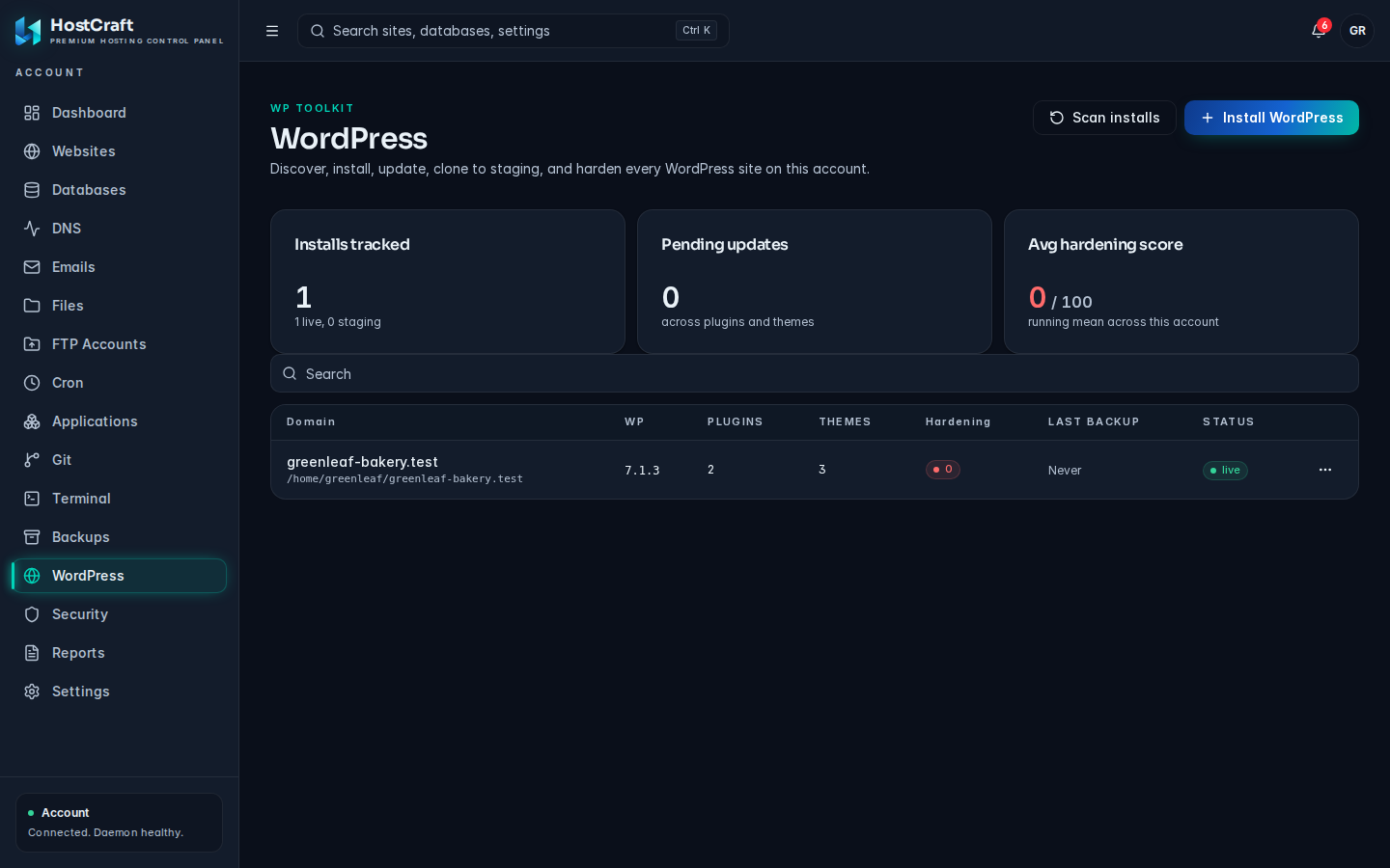 HostCraft WP Toolkit listing tracked WordPress installs